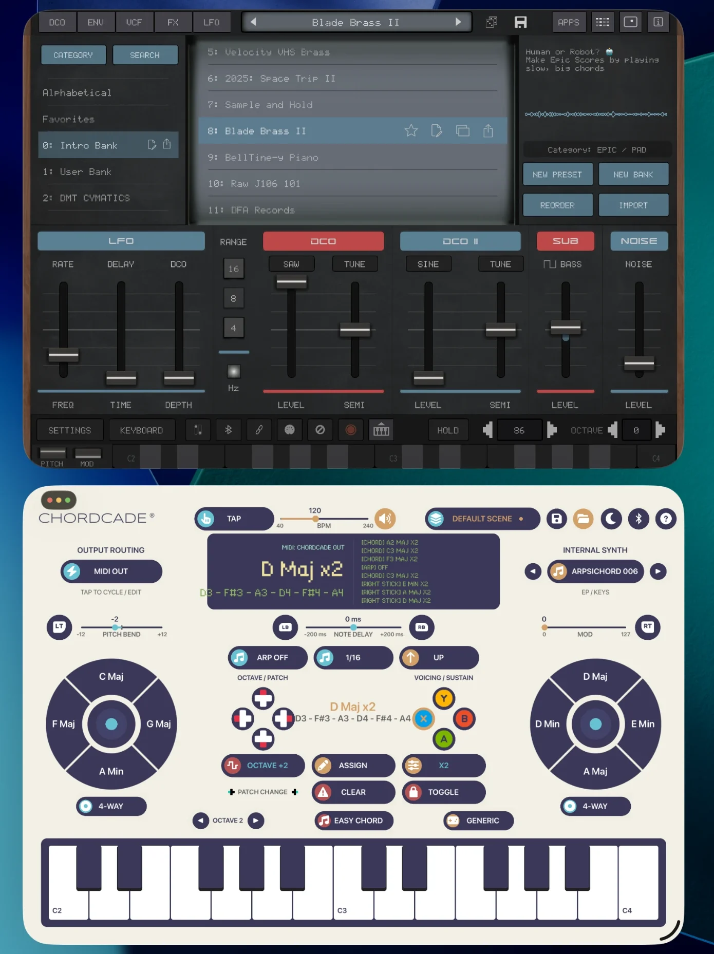 iPad in Split View: AudioKit Pro’s Synth One J6 on top and Chordcade below, sending it a D major chord over MIDI