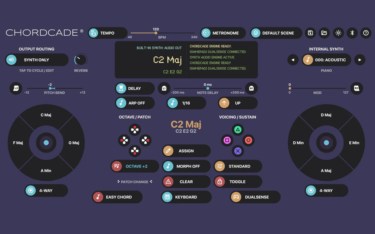 The full Chordcade layout on iPhone in dark mode, with both chord wheels, triggers, D-pad, and face-button controls