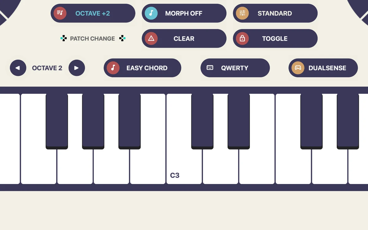 Chordcade on iPad in light mode: the Easy Chord and controller buttons above the on-screen keybed