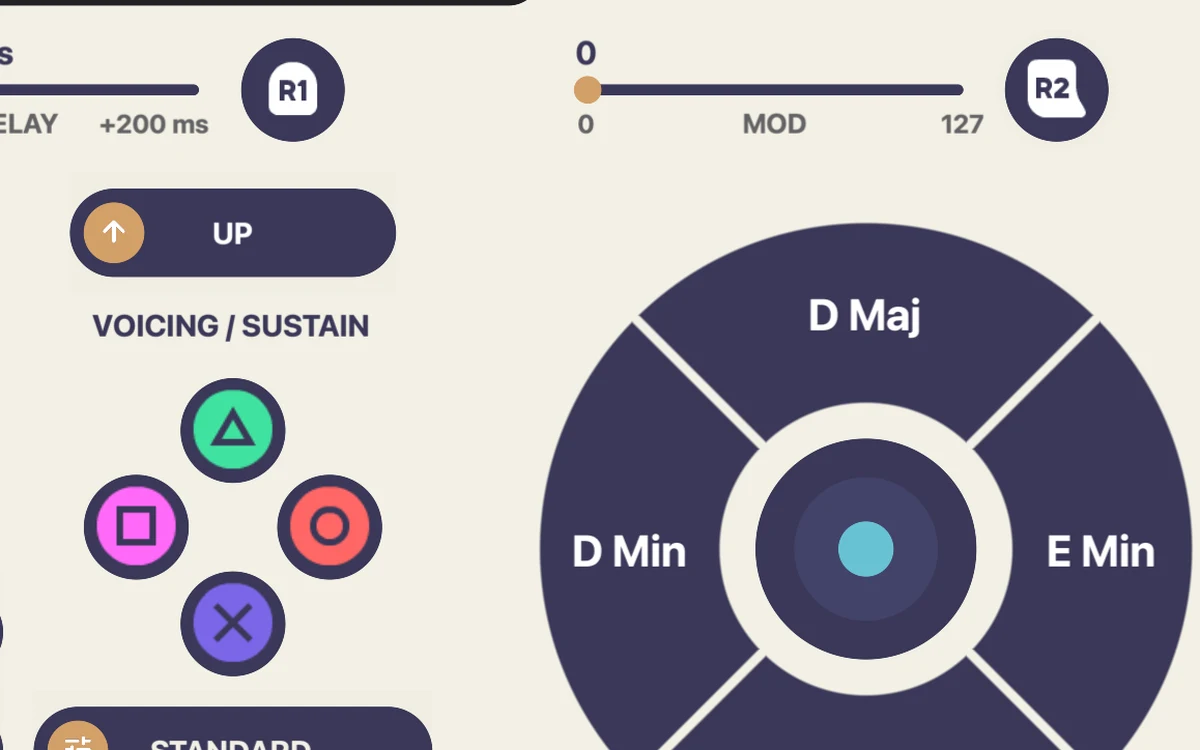 Chordcade on iPad in light mode: mod slider, voicing and sustain buttons, and the right chord wheel