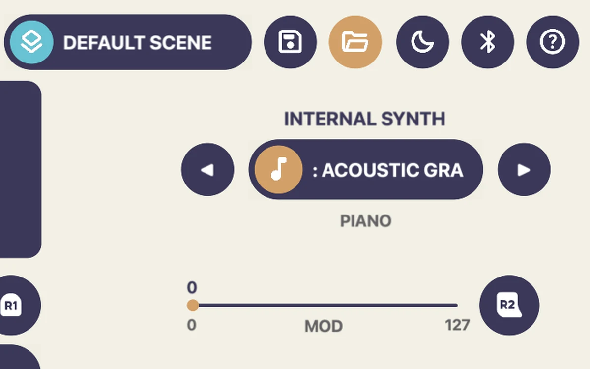Chordcade on iPhone in light mode: the Default Scene selector with save and load buttons above the internal synth patch picker
