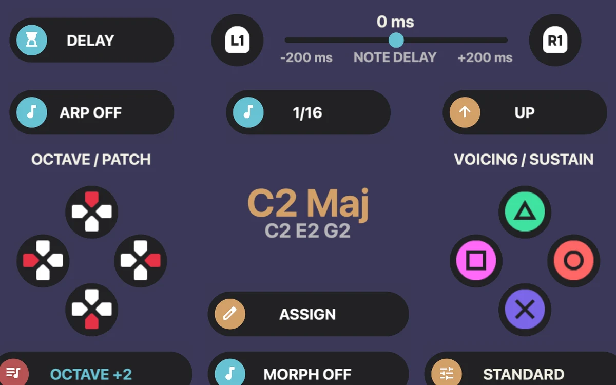 Chordcade on iPad in dark mode: note delay slider, arpeggiator rate and direction, and the voicing controls